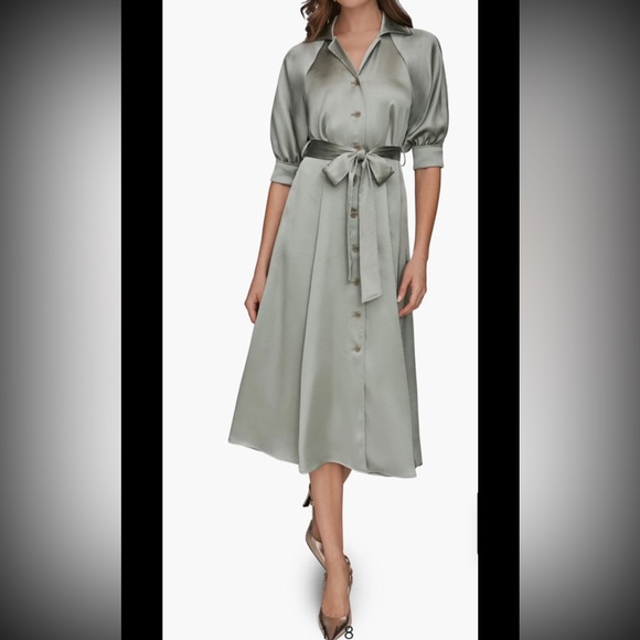 Donna Karan Dresses & Skirts - Donna Karan Satin Midi,belted Shirt Dress, Sz 10,New , Weathered Sage